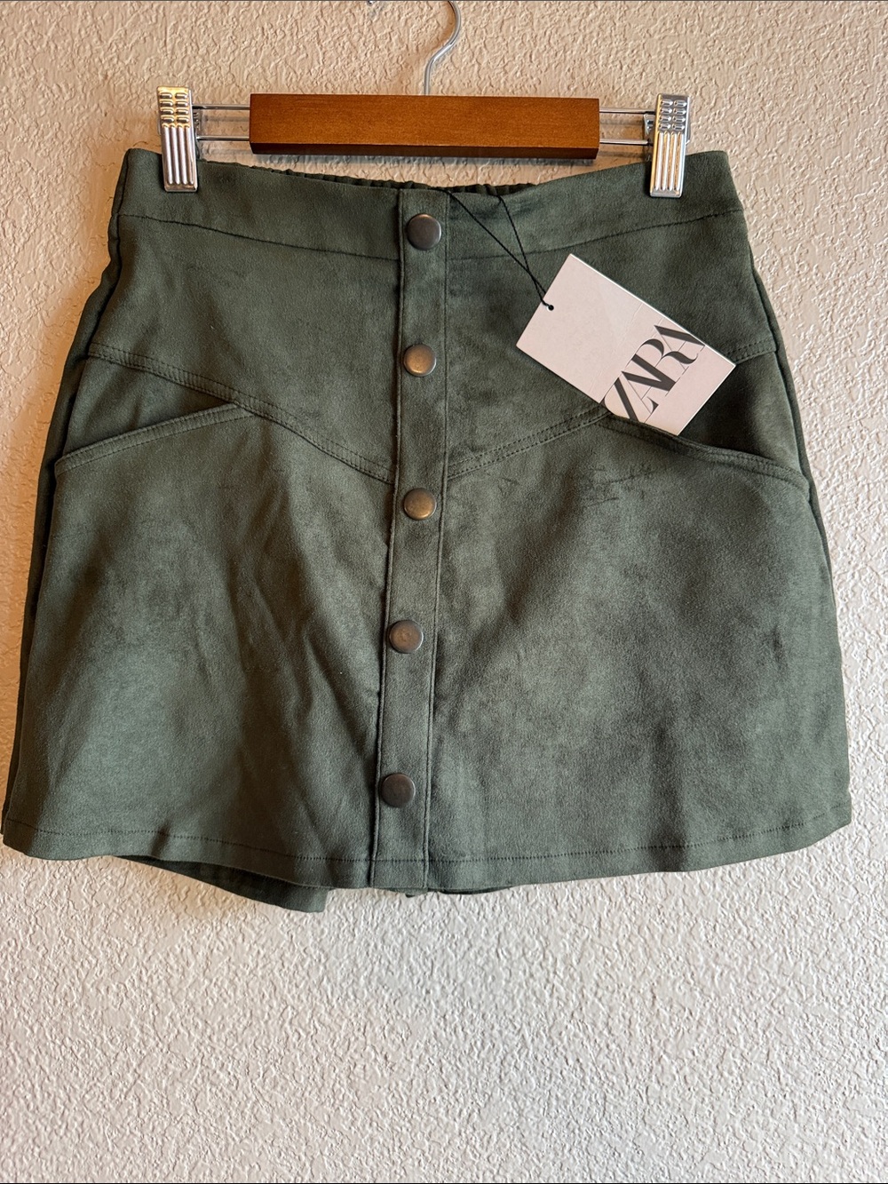 Zara Olive Green Button-Front A-Line Mini Skort